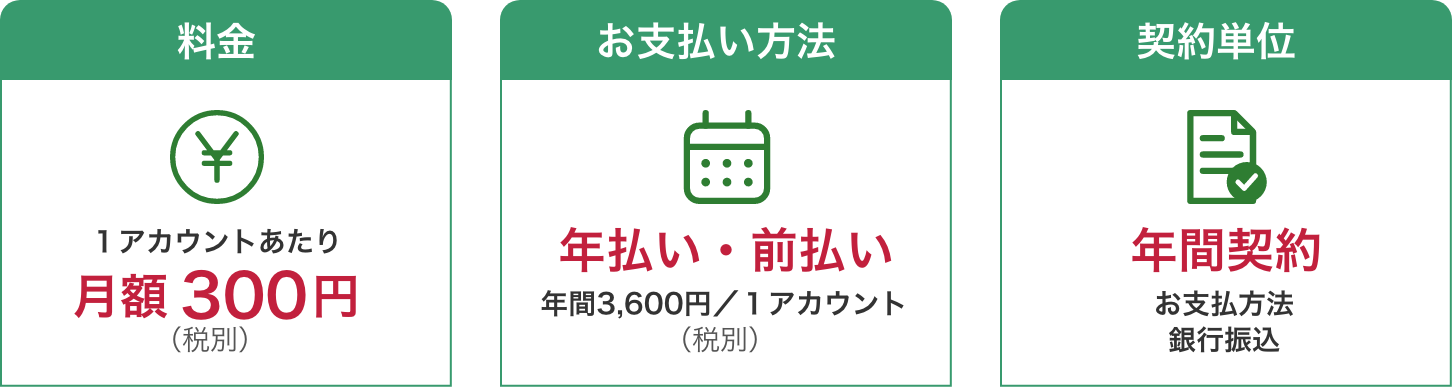 料金：1アカウントあたり月額300円（税別）。お支払い方法：年払い・前払い、年間3,600円／1アカウント（税別）。契約単位：年間契約、お支払方法は銀行振込。